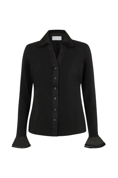 Marica Black V-Neck Jersey Shirt with Organdie Trim