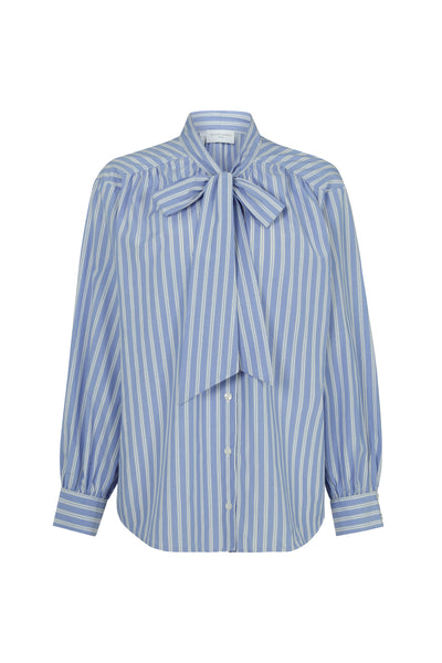 Mary Easy Fit Flowing Pussy Bow Blouse in Blue & White Stripe