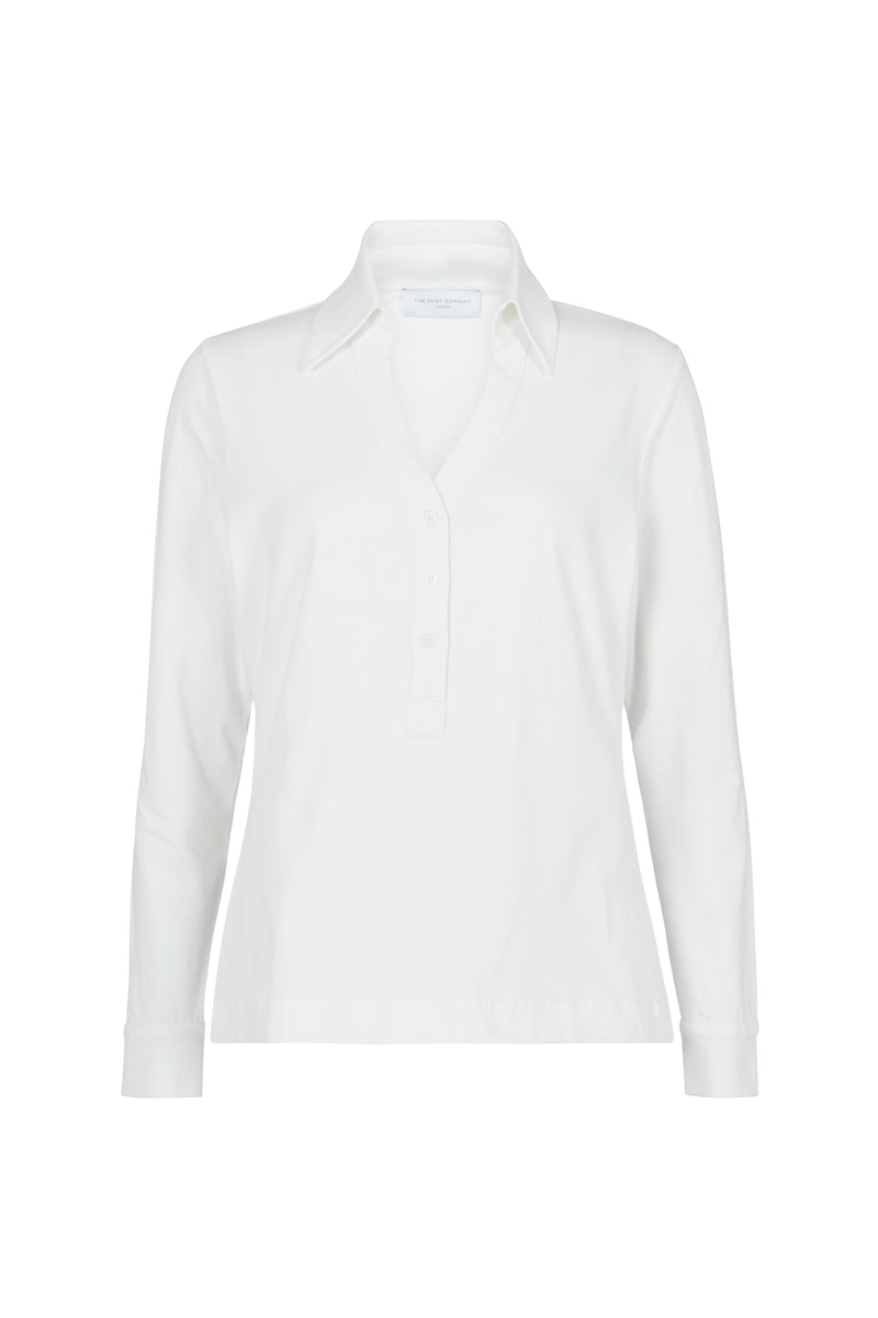 Meredith White Comfortable Cotton Jersey Open Collar Shirt