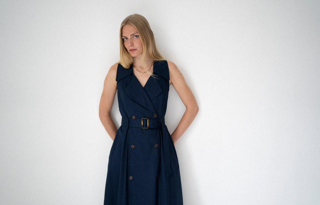Morgane Regular Fit Trench Dress in Navy Cotton Chino
