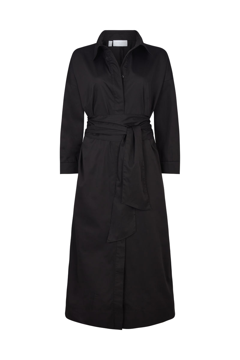 Ottilie Black Cotton Sateen Everyday Midi Shirt Dress