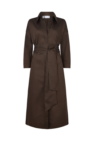 Ottilie Chocolate Cotton Sateen Everyday Midi Shirt Dress