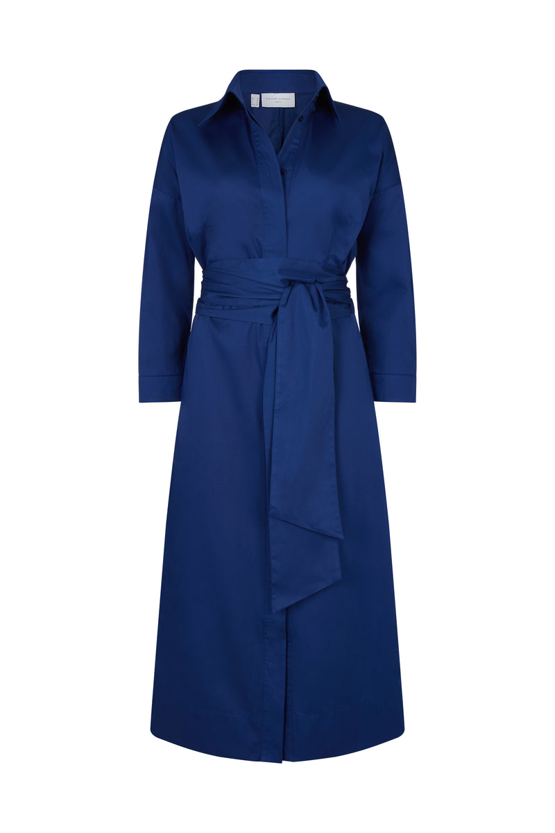 Ottilie Royal Blue Cotton Sateen Everyday Midi Shirt Dress