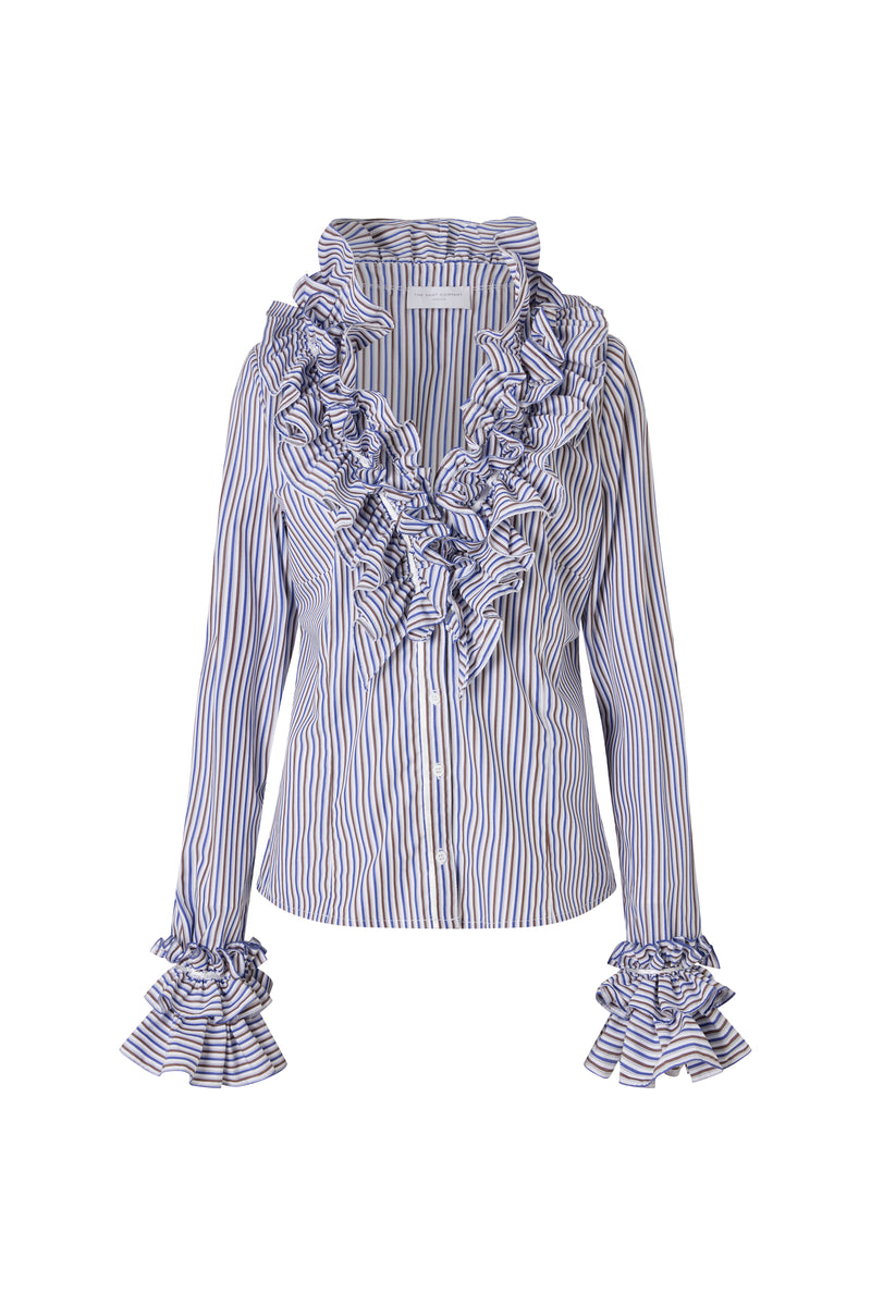 Filadelfia Navy & Brown Stripe Tailored Ruffle Collar and Cuff Shirt