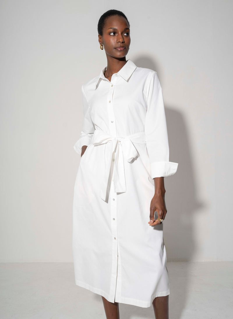 Ronnie Regular Fit Classic Midi Shirt Dress In White Cotton Chino – The