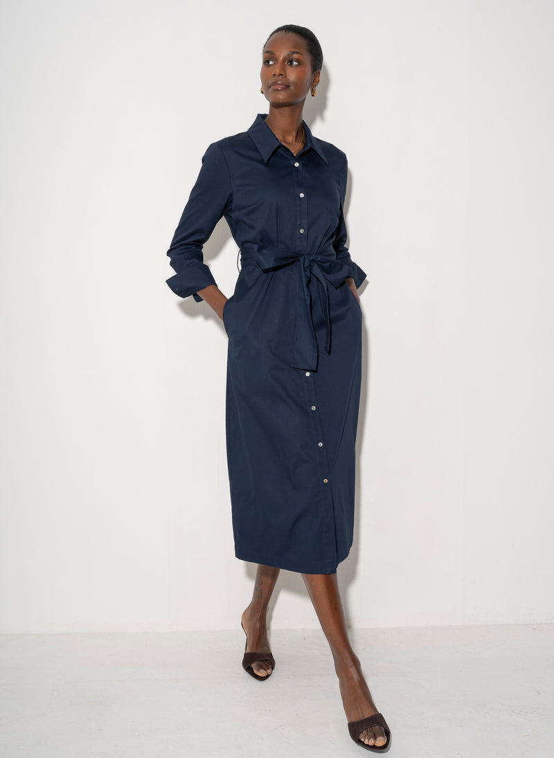 Ronnie Regular Fit Classic Midi Shirt Dress In Navy Cotton Chino – The