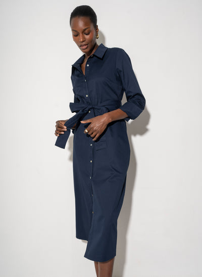 classic shirt dress Ronnie Regular Fit Classic Midi Shirt Dress In Navy Cotton Chino 16 / Regular