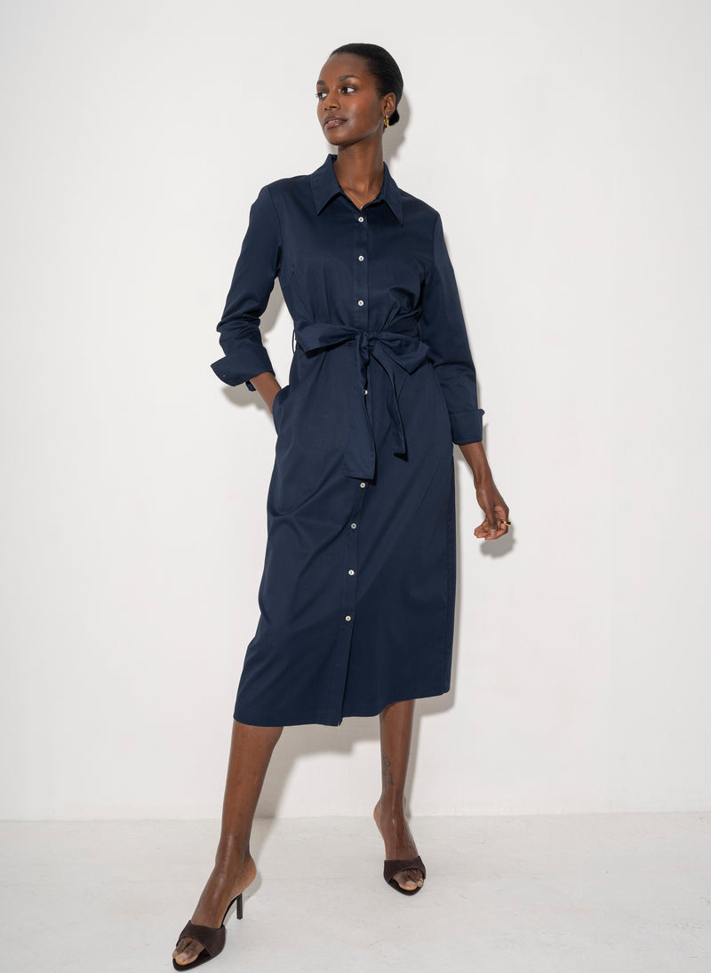 Ronnie Regular Fit Classic Midi Shirt Dress In Navy Cotton Chino – The Shirt Company