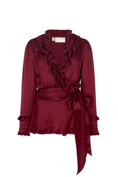 Vera Burgundy Frilly Cross Over Wrap Evening Shirt