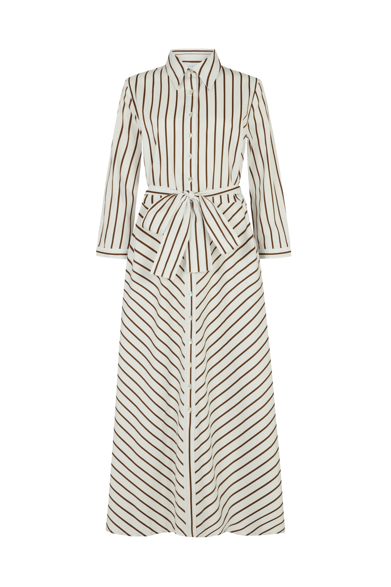 Veronica Chocolate & White Stripe Cotton Button Down Midaxi Shirt Dress
