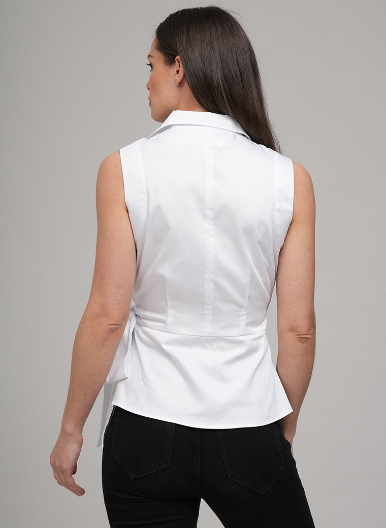 ABBY WRAP AROUND SLEEVELESS COTTON SHIRT WITH BOW IN WHITE