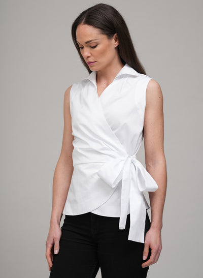 ABBY WRAP AROUND SLEEVELESS COTTON SHIRT WITH BOW IN WHITE