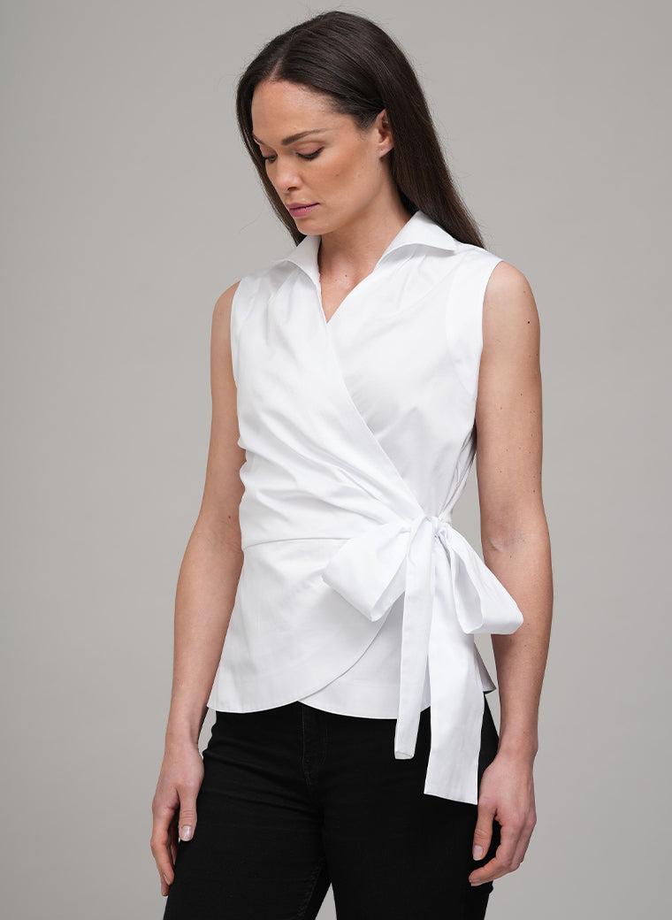 ABBY WRAP AROUND SLEEVELESS COTTON SHIRT WITH BOW IN WHITE