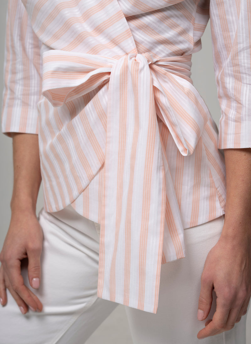 Abigail Pink & White Stripe Wrap Cotton Blouse