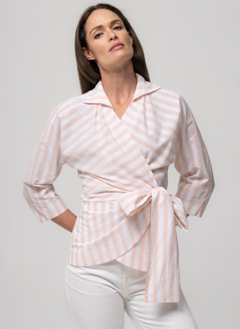 Abigail Pink & White Stripe Wrap Cotton Blouse