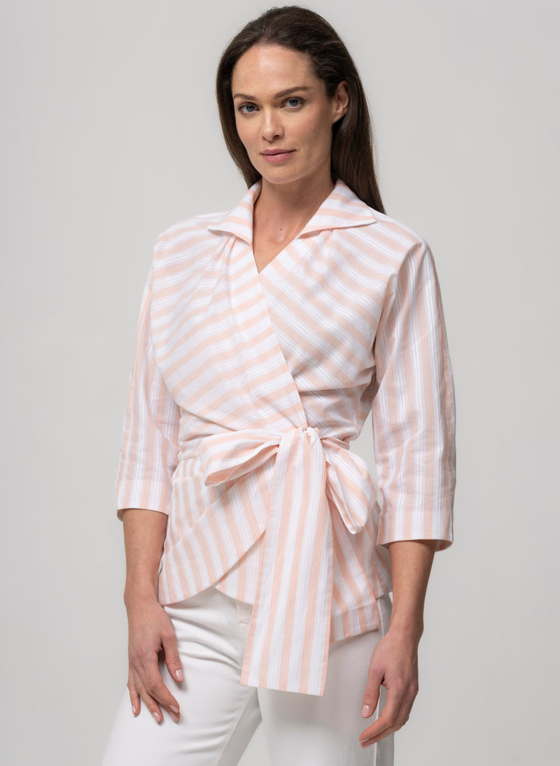 ABIGAIL PINK & WHITE STRIPE WRAP COTTON BLOUSE