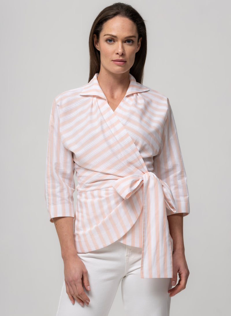 Abigail Pink & White Stripe Wrap Cotton Blouse