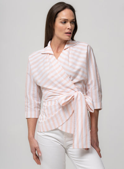 ABIGAIL PINK & WHITE STRIPE WRAP COTTON BLOUSE