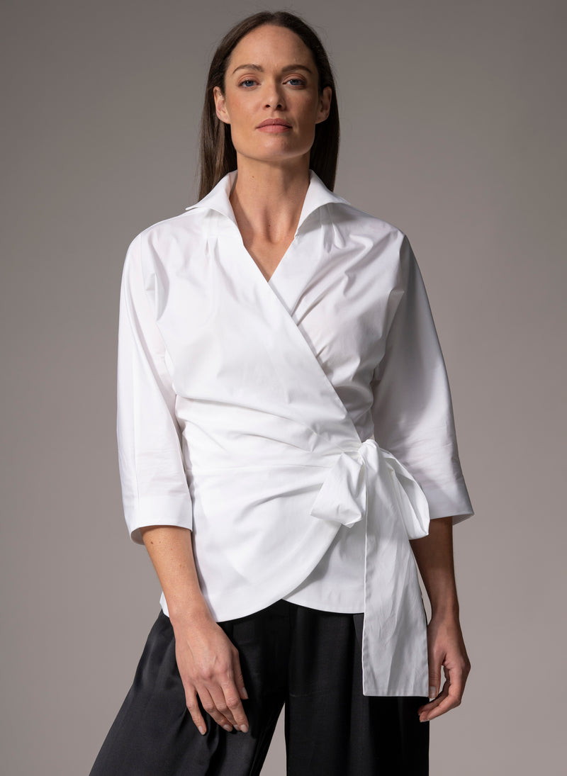 ABIGAIL WHITE WRAP COTTON POPLIN BLOUSE