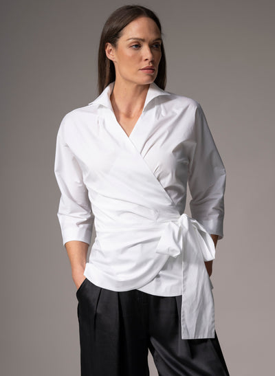 ABIGAIL WHITE WRAP COTTON POPLIN BLOUSE