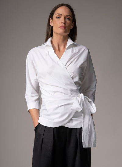 ABIGAIL WHITE WRAP COTTON POPLIN BLOUSE