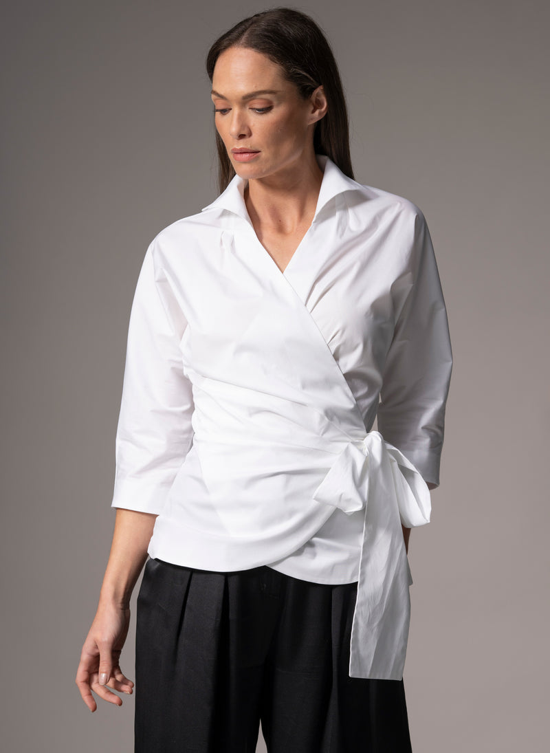 ABIGAIL WHITE WRAP COTTON POPLIN BLOUSE