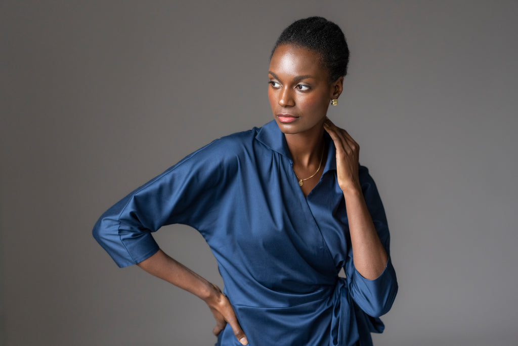 Abigail Hourglass Fit Wrap Blouse Midnight Cotton Sateen