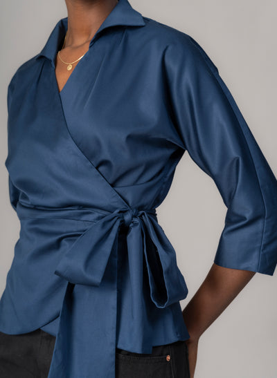 Abigail Midnight Blue Wrap Cotton Poplin Blouse
