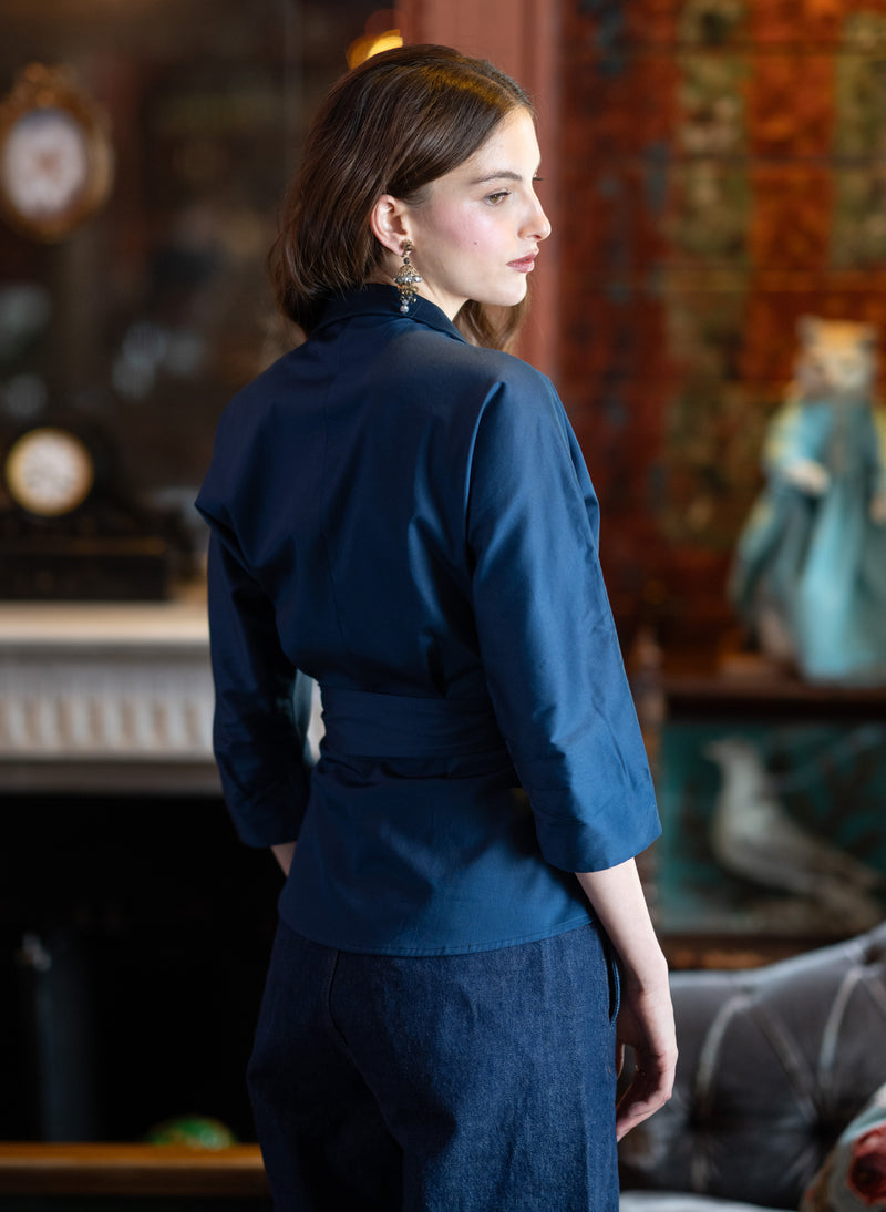 Abigail Midnight Blue Wrap Cotton Poplin Blouse
