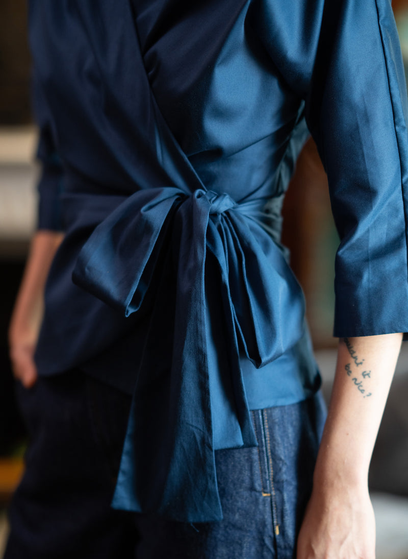 Abigail Midnight Blue Wrap Cotton Poplin Blouse
