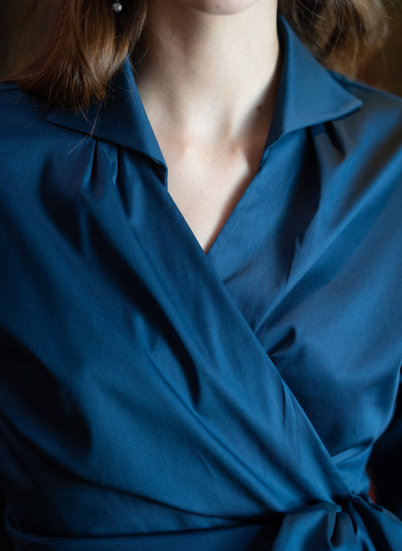 Abigail Midnight Blue Wrap Cotton Poplin Blouse