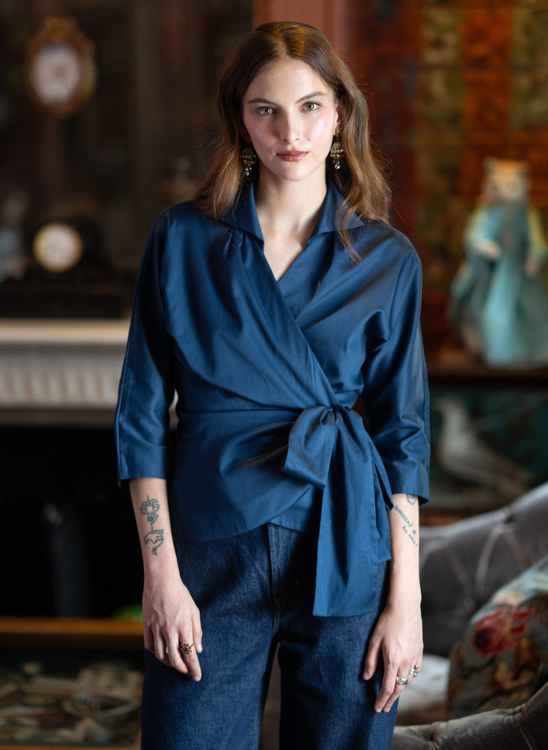 Abigail Midnight Blue Wrap Cotton Poplin Blouse