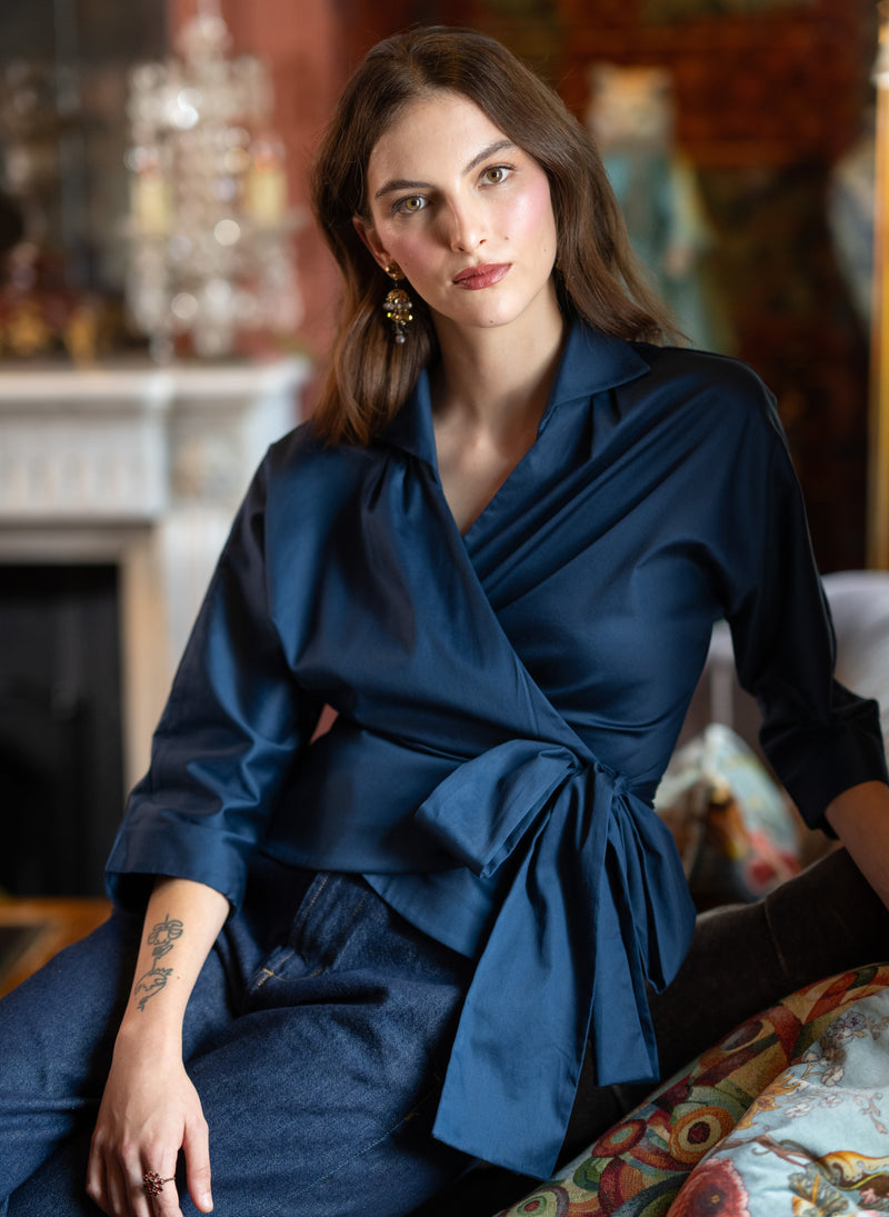 Abigail Midnight Blue Wrap Cotton Poplin Blouse