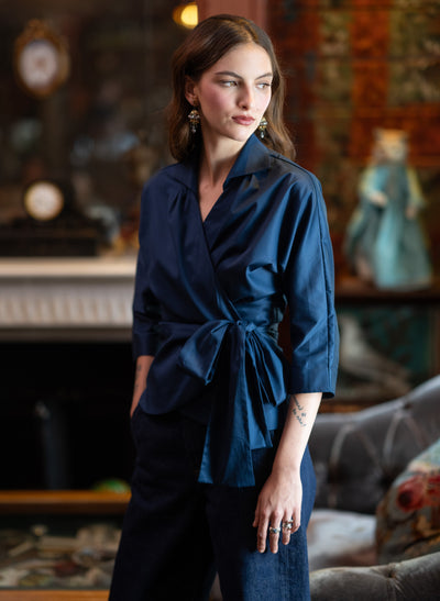 Abigail Midnight Blue Wrap Cotton Poplin Blouse