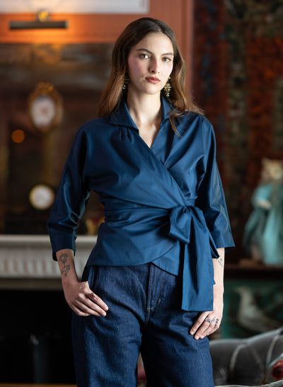 Abigail Midnight Blue Wrap Cotton Poplin Blouse