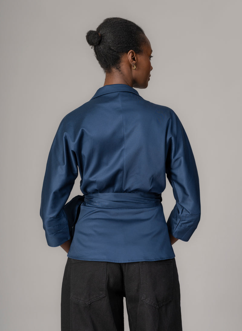 Abigail Midnight Blue Wrap Cotton Poplin Blouse