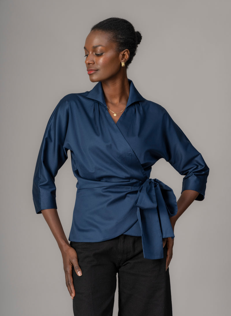 Abigail Midnight Blue Wrap Cotton Poplin Blouse