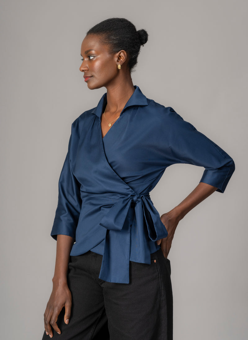 Abigail Midnight Blue Wrap Cotton Poplin Blouse