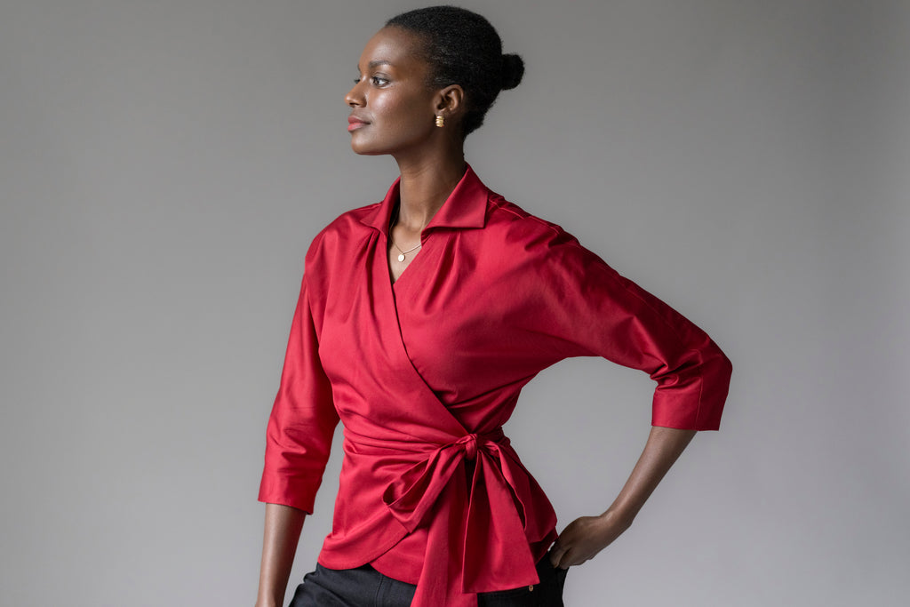 Abigail Hourglass Fit Wrap Blouse Ruby Cotton Sateen