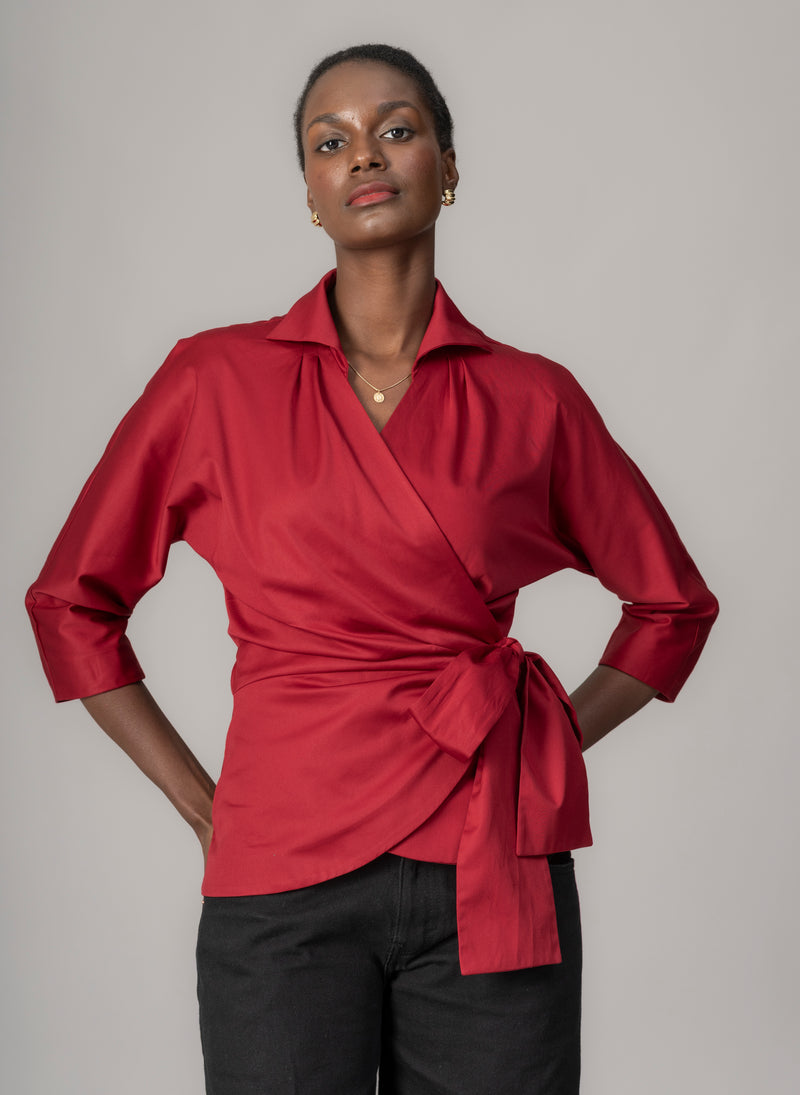 Abigail Ruby Red Wrap Cotton Poplin Blouse