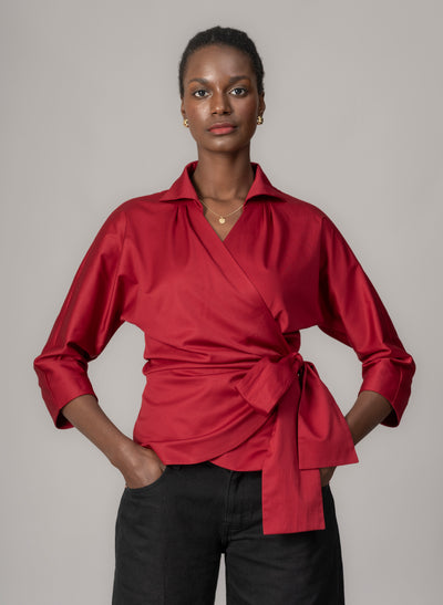 Abigail Ruby Red Wrap Cotton Poplin Blouse