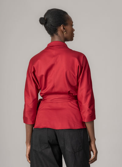 Abigail Ruby Red Wrap Cotton Poplin Blouse