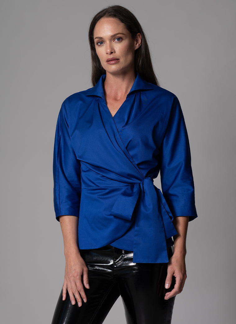 ABIGAIL ROYAL BLUE WRAP COTTON BLOUSE