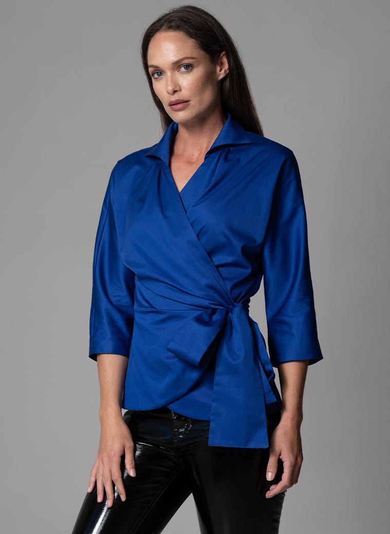 ABIGAIL ROYAL BLUE WRAP COTTON BLOUSE
