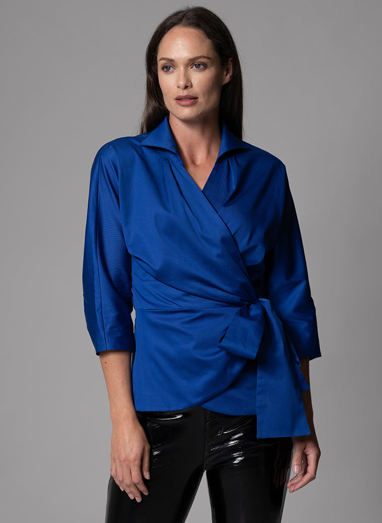 ABIGAIL ROYAL BLUE WRAP COTTON BLOUSE