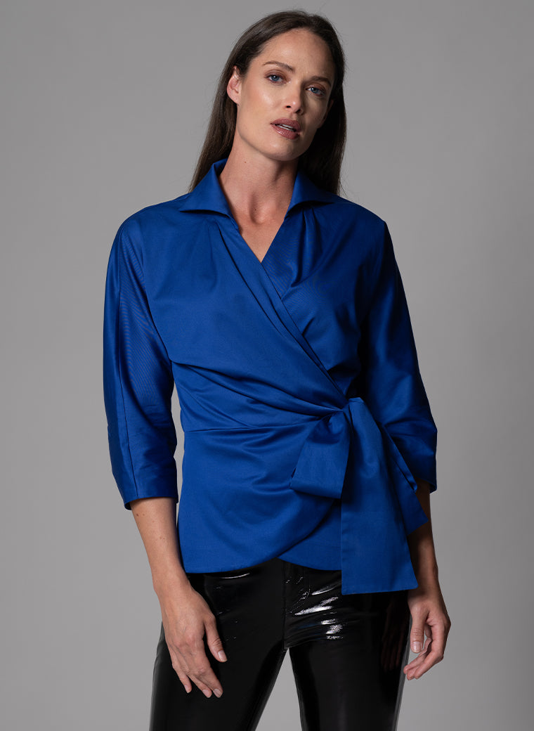 ABIGAIL ROYAL BLUE WRAP COTTON BLOUSE