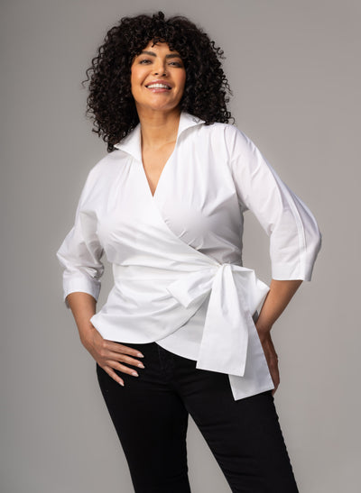 Abigail Curve White Wrap Cotton Poplin Blouse