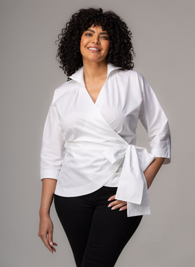 Abigail Curve White Wrap Cotton Poplin Blouse