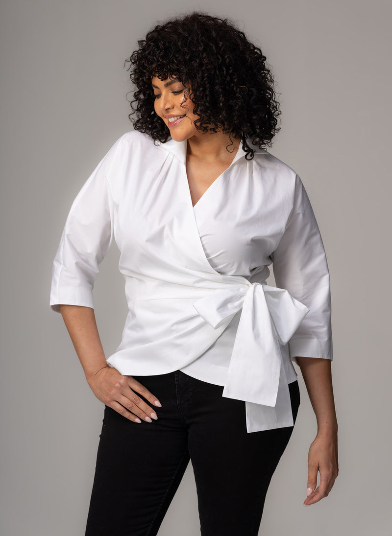 Abigail Curve White Wrap Cotton Poplin Blouse
