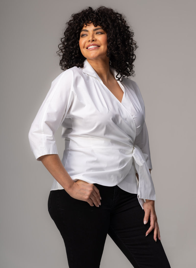 Abigail Curve White Wrap Cotton Poplin Blouse
